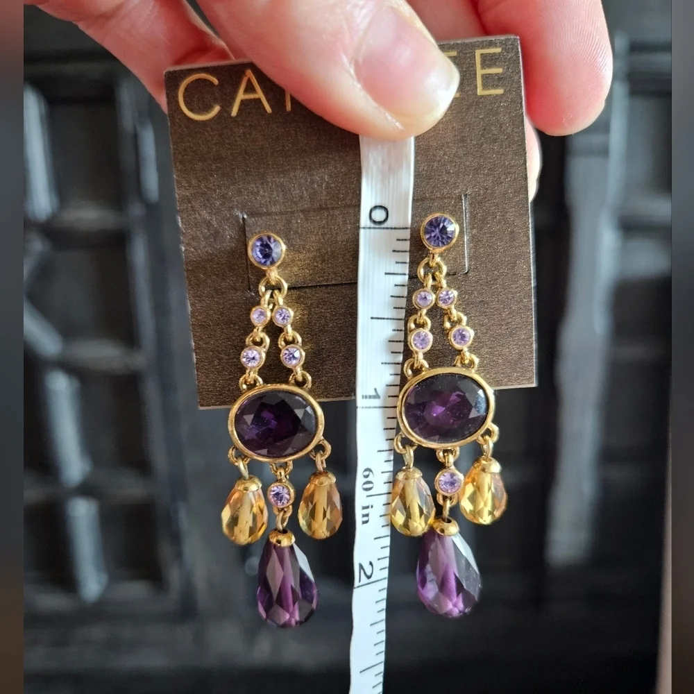 NWT Carolee Purple & Gold Crystal Drop Earrings - Picture 3 of 4